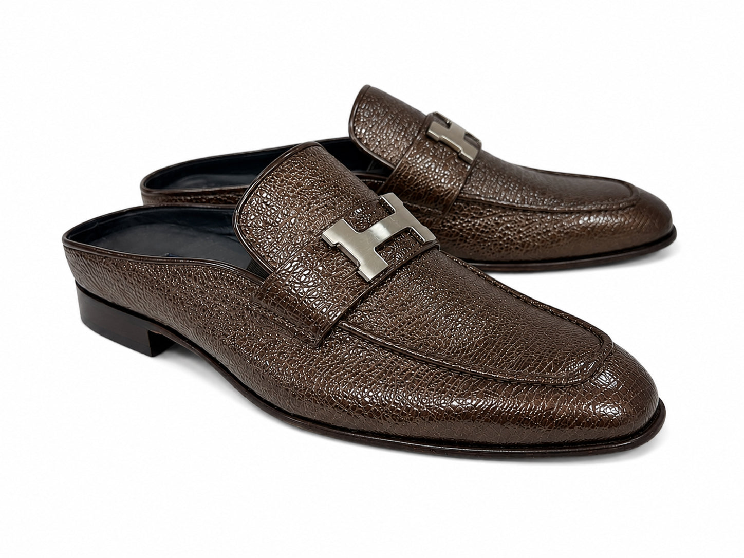 C01992-3890V H buckle Vita Calf Skin Mules- Dark Brown