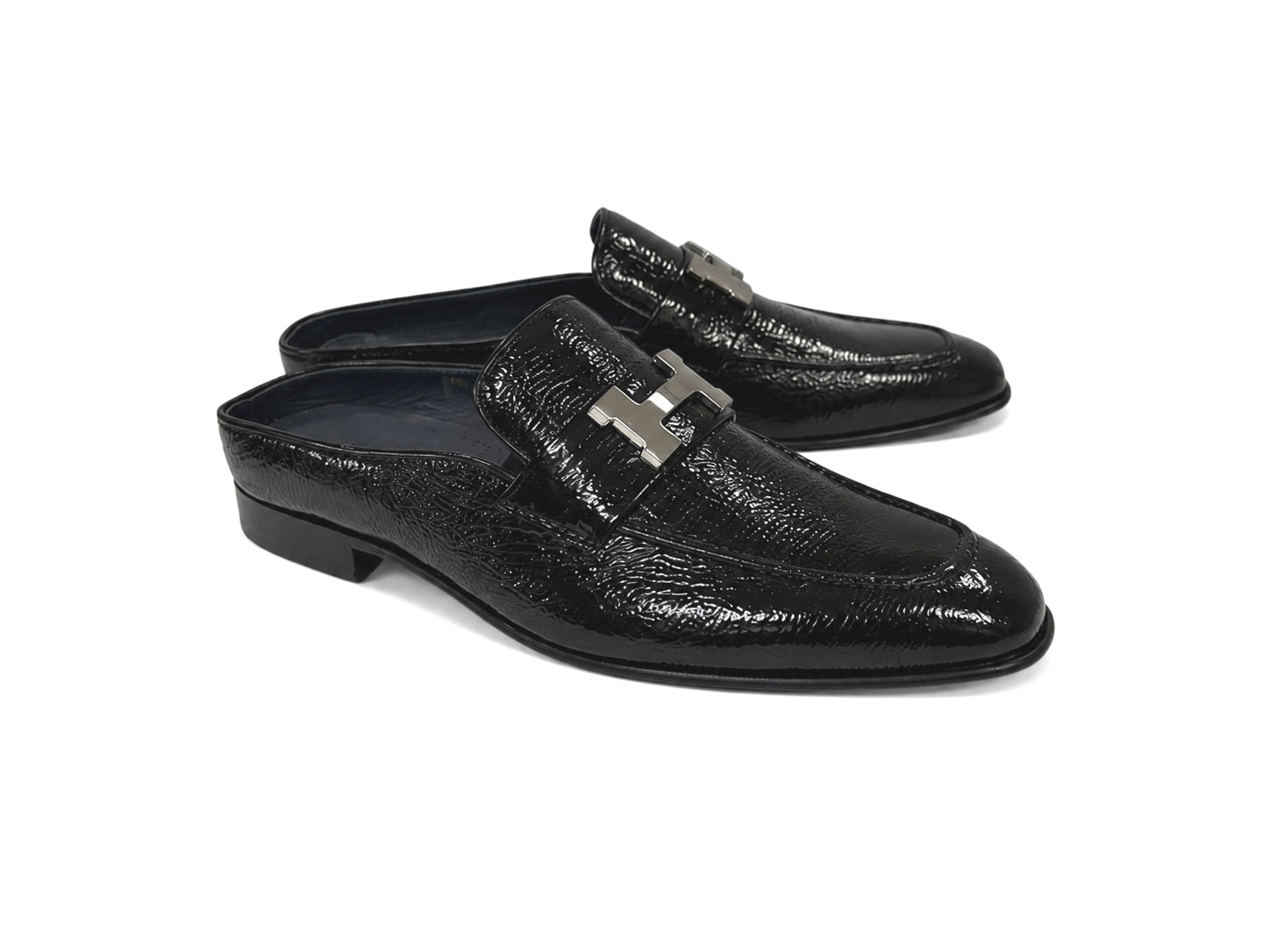 C01993-3890V H buckle Vita Calf Skin Mules- Black