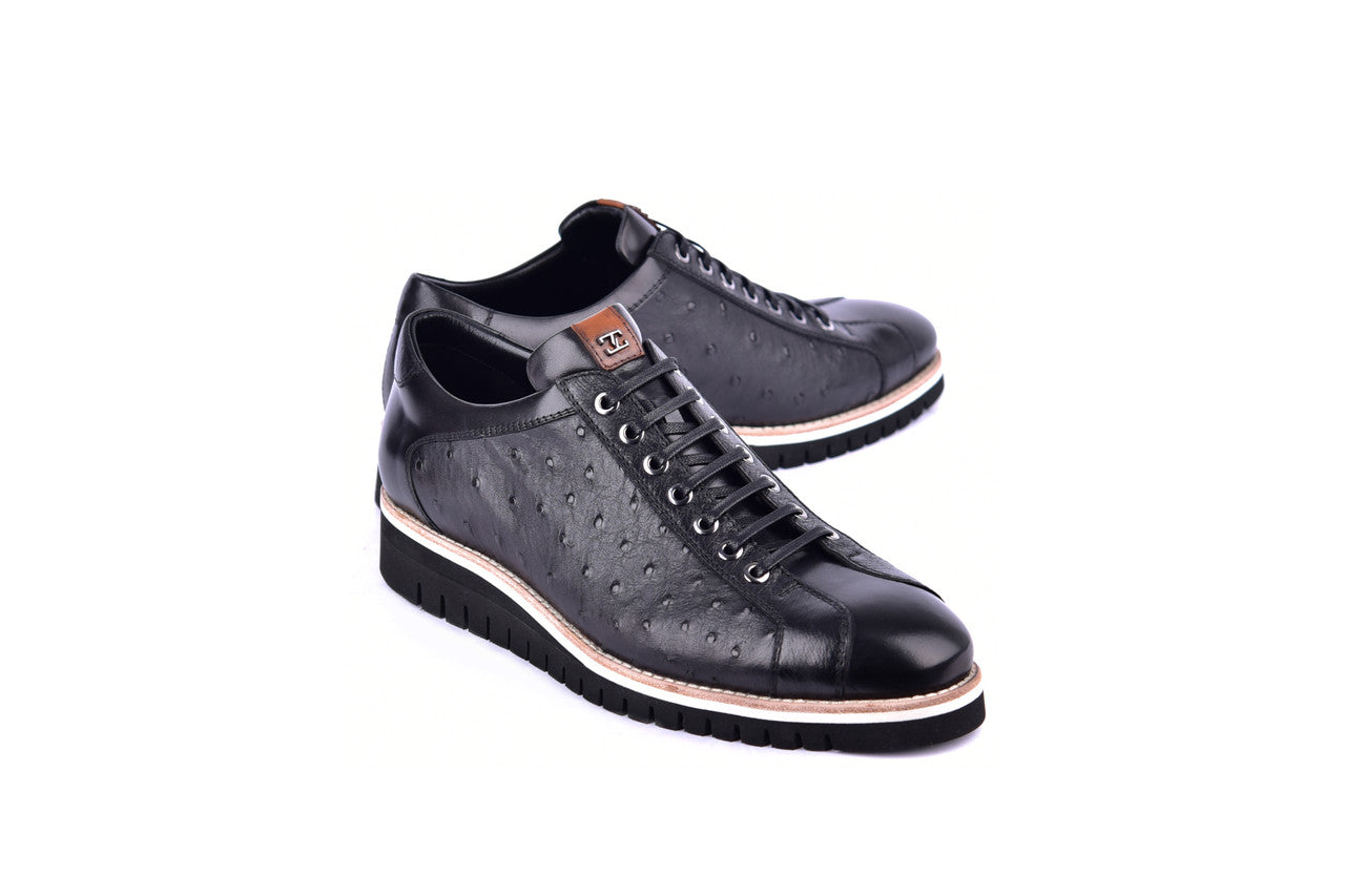 C211- 4005Ost Genuine Ostrich Sneaker- Black