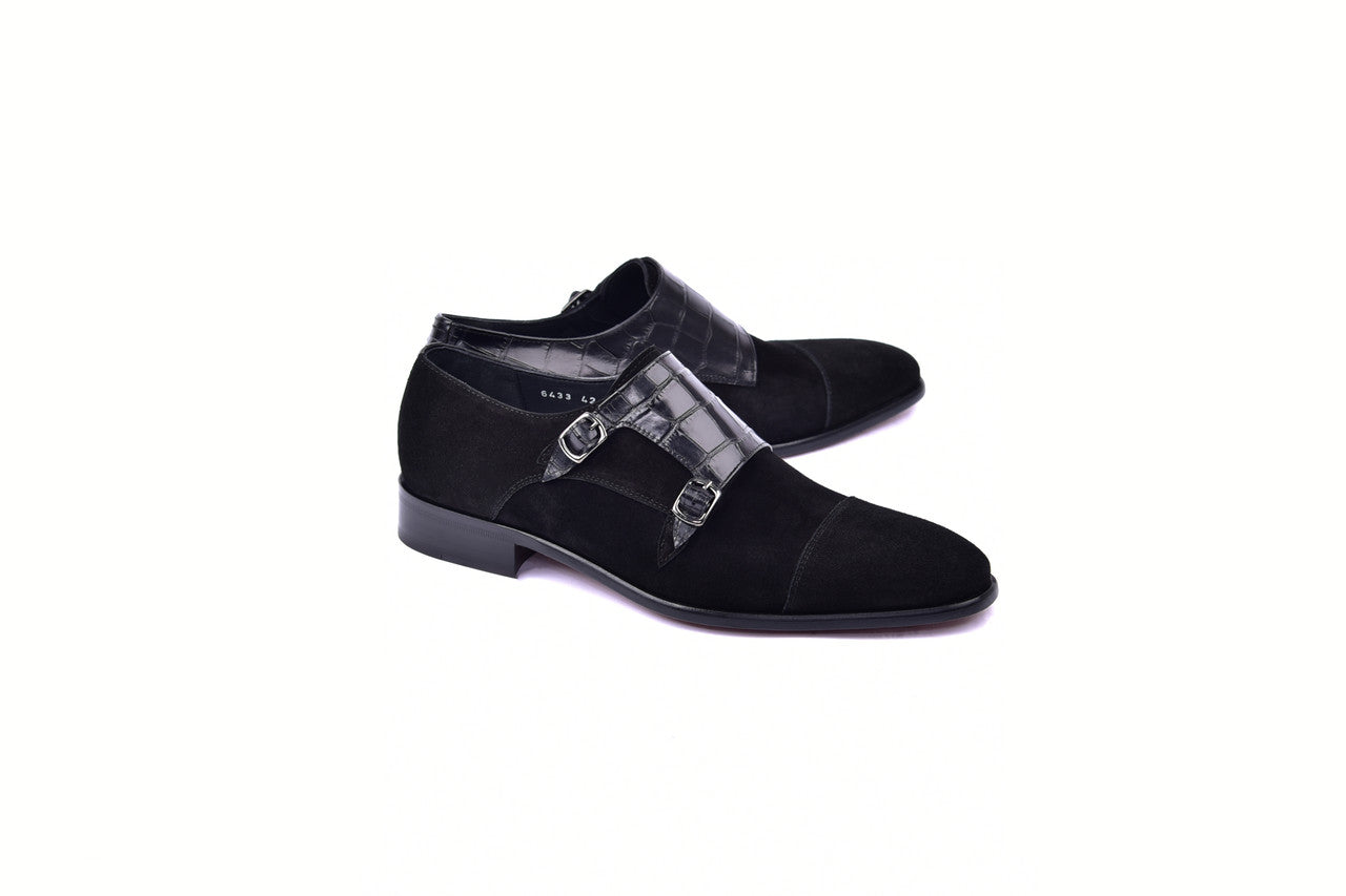 C00017-6433- Cap toe Monk strap- Black suede
