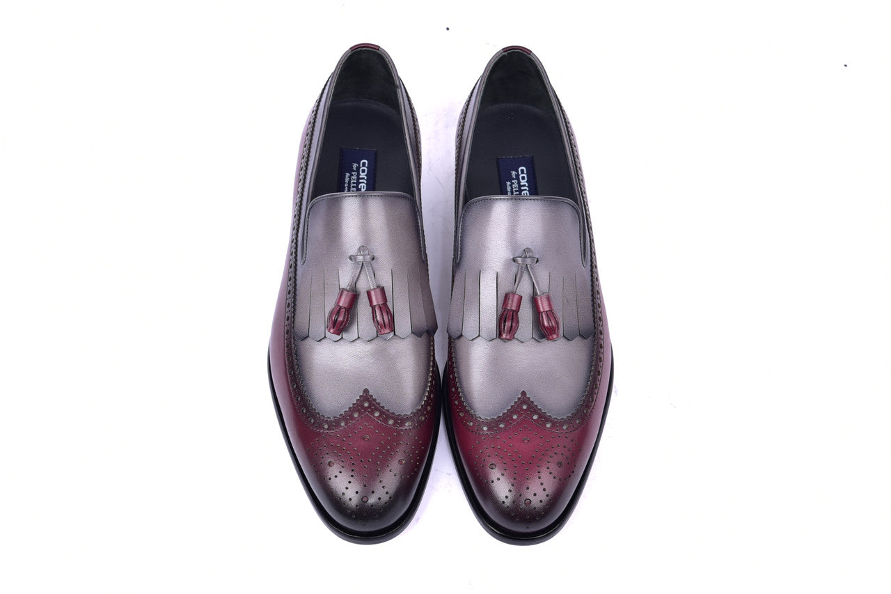 C00018 7397- Wingtip Kiltie Tassel Loafer- Burgundy/Grey