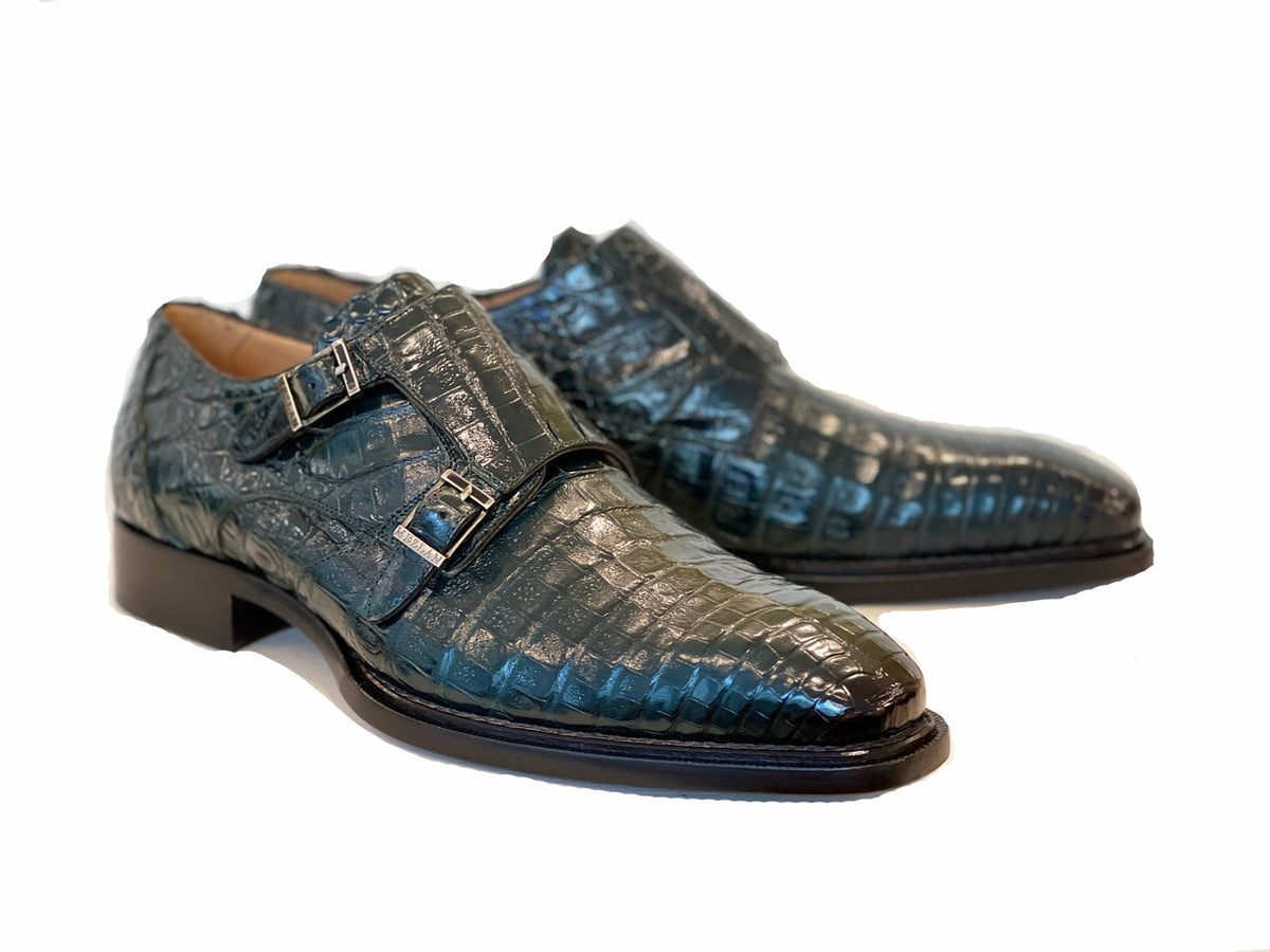 Mezlan Prague Double monk Strap crocodile Green | PelleLine.com