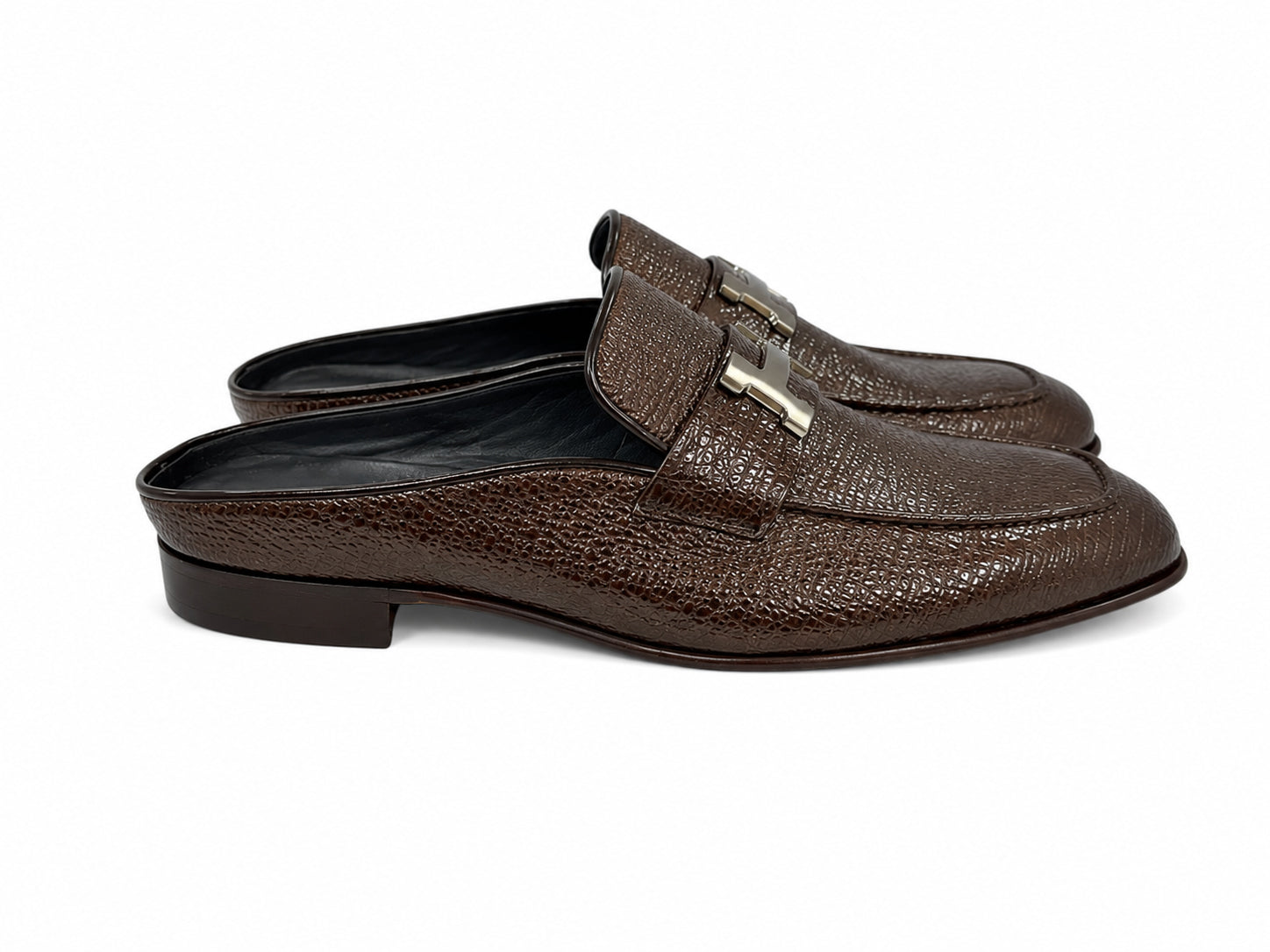 C01992-3890V H buckle Vita Calf Skin Mules- Dark Brown