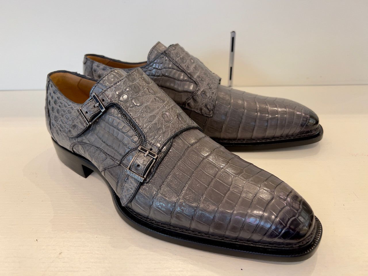 Mezlan  Exclusive Prague Double Monk Strap Crocodile Pearl Grey