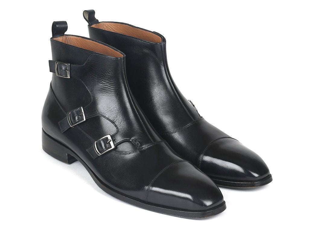 Paul Parkman Triple Monkstrap Boots Black Leather (ID#88951-BLK)